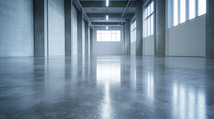 Naklejka premium Reflective cement floor in spacious industrial room with dynamic lighting