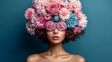 Surreal abstract portrait of a young woman with flowers on her face hiding her eyes. A modern collage symbolizing beauty, nature, and the hidden depths of human emotions.