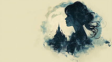 A magical negative space artwork featuring a princess silhouette with a castle embedded within, symbolizing royalty, dreams, and the enchanting world of fairy tales.  
