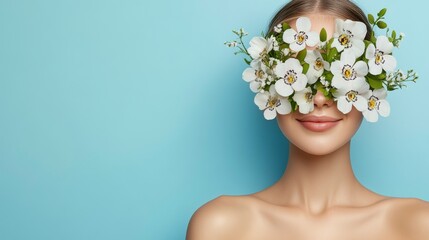 Abstract surreal portrait of a young woman with flowers covering her face and hiding her eyes. A creative collage symbolizing beauty, mystery, and the connection between nature and emotions.