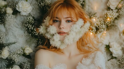 Abstract surreal portrait of a young woman with flowers covering her face and hiding her eyes. A creative collage symbolizing beauty, mystery, and the connection between nature and emotions.