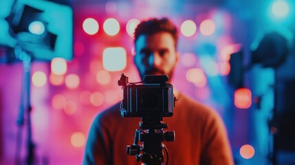 Recording an interview in a contemporary television studio, showcasing cameras and colorful lighting for a dynamic atmosphere. Generative AI