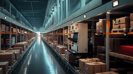 Automated warehouse operations modern distribution center industrial facility high-tech environment aisle perspective efficiency in logistics