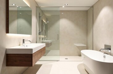 A refined bathroom with minimalist design, including a floating vanity, a walk-in rain shower, and elegant fixtures.