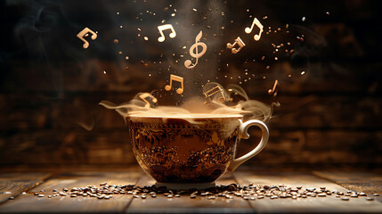 A creative negative space sculpture of a cup filled with musical notes, symbolizing harmony, creativity, and the blend of music and daily rituals.  

