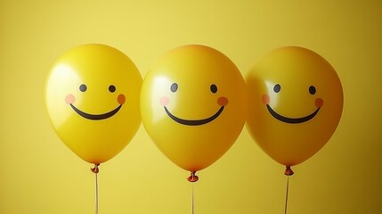 A joyful balloon family featuring different shapes and sizes each with smiling faces floating together in a lively and cheerful composition full of fun