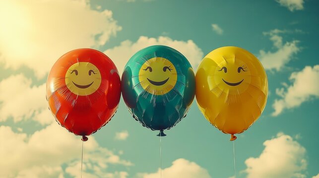 A happy family of balloons with unique colors and smiling faces celebrating joy and togetherness against a bright sky perfect for festive and family themes