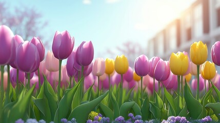 Gentle artistic background showcasing blooming tulips in soft hues blending seamlessly with abstract pastel colors evoking a sense of tranquility and springtime joy