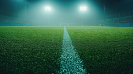 Obraz premium Misty Football Field Under Bright Floodlights