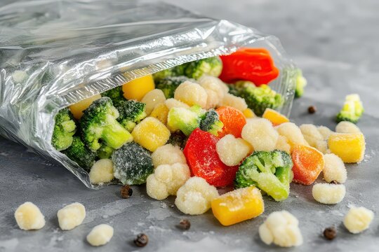 A bag of frozen mixed vegetables spilled on a surface.