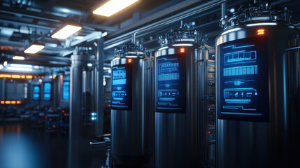 Futuristic hydrogen fuel cell plant with glowing tanks and advanced technology