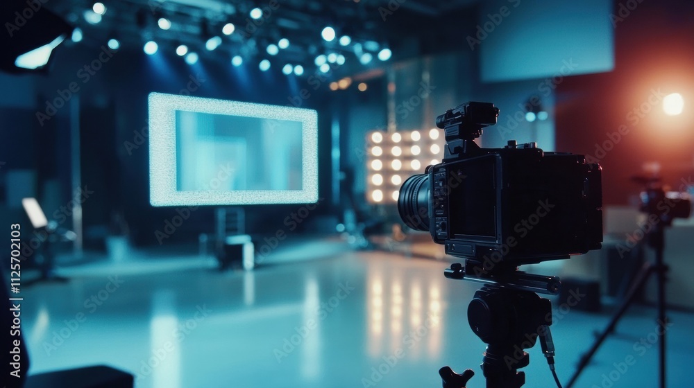 Aufkleber a professional interview is being recorded in a contemporary television studio with a blurred backgr