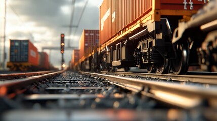 Freight train transporting cargo through industrial rail yard dynamic perspective urban environment modern industry concept