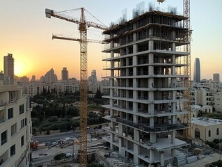 Stunning sunset view of a high-rise building under construction, showcasing modern architecture and urban development against a vibrant sky.