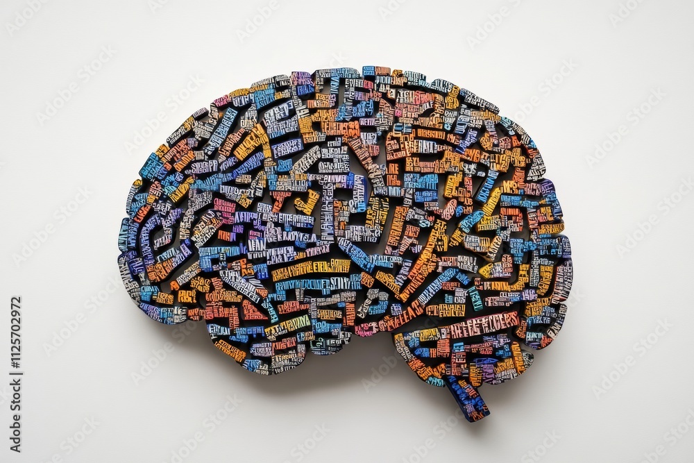 Aufkleber A vibrant display of words and phrases intricately arranged to create a human brain, with available areas for adding more text or elements. Generative AI
