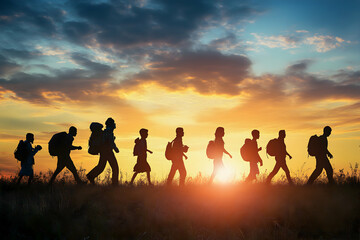 Fototapeta premium Sunset Hikers: Silhouettes of a diverse group of people trekking across a field at sunset, showcasing unity and adventure. 