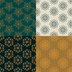 Set of pattern of geometric figures of stars on green, beige, gold and dark background, wallpaper figures