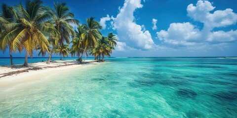 Fototapeta premium A serene tropical beach with palm trees and clear turquoise waters under a bright blue sky.
