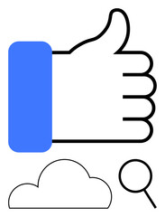 Obraz premium Thumbs up hand gesture with blue sleeve contrasts with minimalist black cloud and magnifying glass. Ideal for digital approval, search, social media, research, data analysis, minimalism-themed