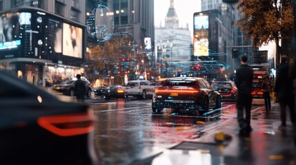 Urban traffic scene smart city digital art rainy evening street view future technology concepts for enhanced mobility