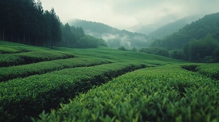 Fototapeta premium Serene Green Tea Fields in Nature with Misty Mountains in Background