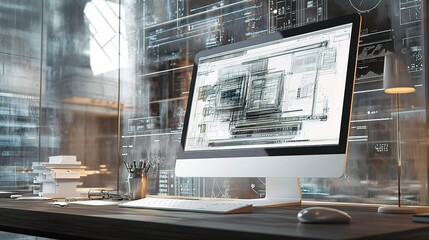 Modern Workspace with Computer Displaying Technical Drawings