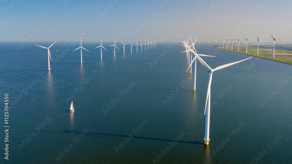 Wall mural Windmill turbines at sea seen from a drone aerial view from abov