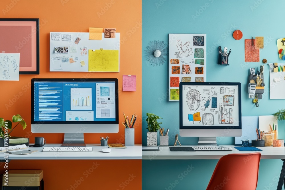 Aufkleber Two distinct workspace designs feature vibrant wall colors and artistic elements, highlighting creativity and organization with copy space available. Generative AI