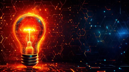 Innovative thinking and creativity concept with a glowing light bulb and interconnected digital elements, representing the development of new ideas, solutions, and cutting-edge inventions.
