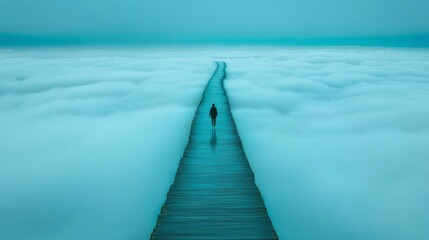 Obraz premium Surreal concept of a person flying through the clouds, with the vast sky stretching ahead, evoking the feeling of chasing dreams and exploring endless possibilities.