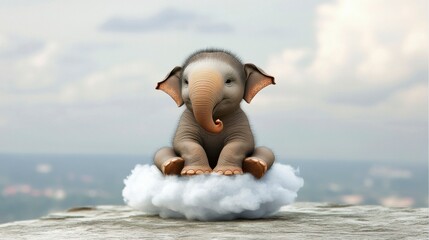 A whimsical scene of an elephant sitting on a fluffy cloud in the sky, symbolizing dreams, aspirations, and peaceful contemplation in a surreal 3D rendered illustration.