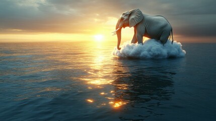 Obraz premium A peaceful 3D render of an elephant sitting on a cloud, floating above the world, representing the boundless potential of dreams, aspirations, and personal growth.