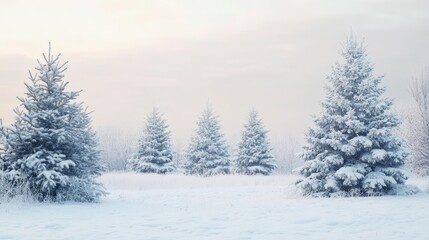 A serene winter landscape featuring snow-covered evergreen trees in a tranquil setting.