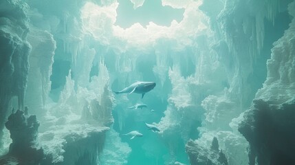 A surreal 3D render of whales floating through the sky over mountains, conveying the feeling of anxiety and isolation, with a dreamlike quality that evokes deep emotional reflection.
