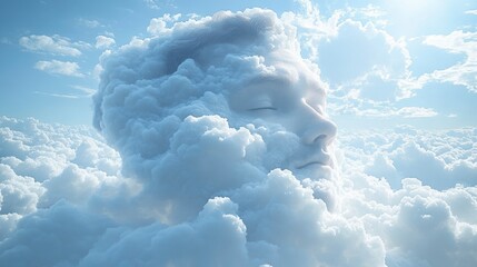 Surreal imagery of a man with his head in the clouds representing the blending of reality and fantasy, inviting deep thoughts and introspection in a dreamy landscape.