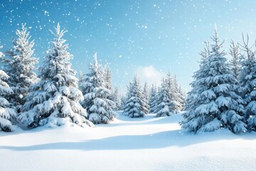 A serene winter landscape with snow-covered trees and a clear blue sky.