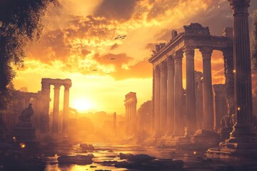 Fototapeta premium Ancient ruins bathed in sunset's golden light.