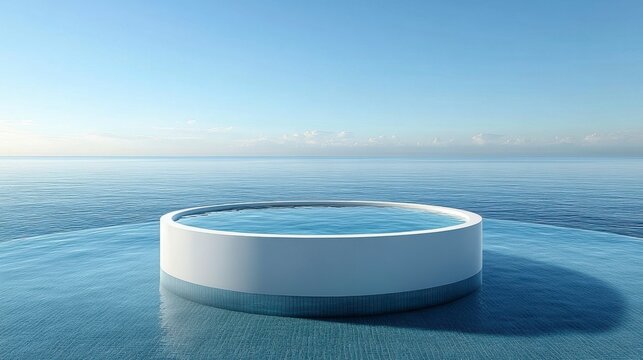 3D surreal scene with a white cylinder podium floating above a serene ocean, surrounded by a minimalist abstract landscape, creating a calm and peaceful atmosphere of isolation.