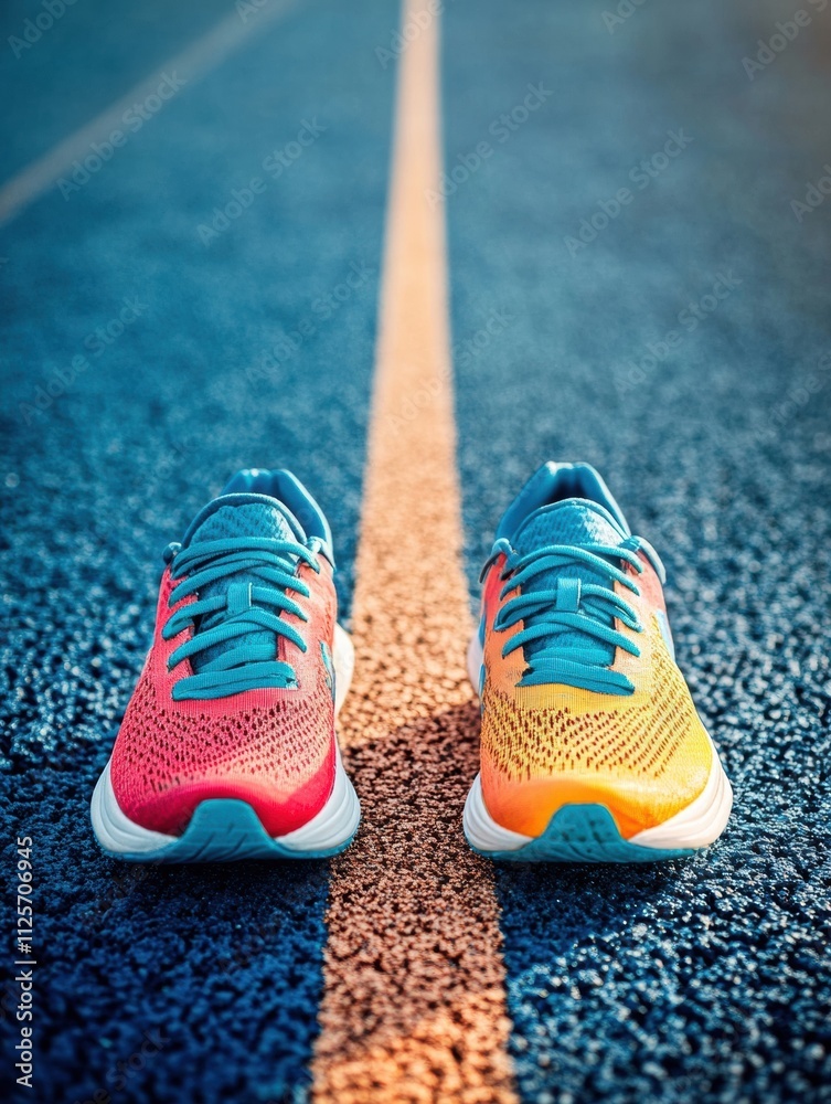 Leinwandbilder a pair of colorful running shoes sit on a vibrant track, showcasing their design against an empty ba