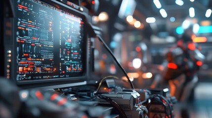 Futuristic data analysis event technology hub digital interface sci-fi environment close-up perspective innovation insights