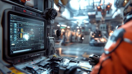 Futuristic space control room sci-fi environment technology focus close-up view high-tech concept for exploration