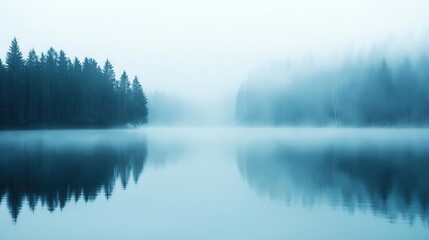Fototapeta premium A serene, misty lake surrounded by trees, reflecting a calm and tranquil atmosphere.