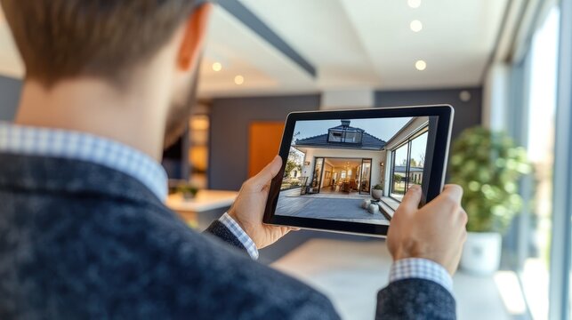 Man viewing house on digital tablet.