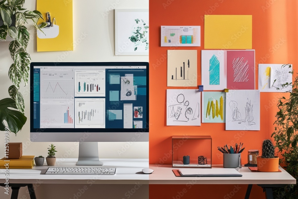 Leinwandbilder a clean minimalist workspace on the left contrasts with a colorful, artistic display on the right, i