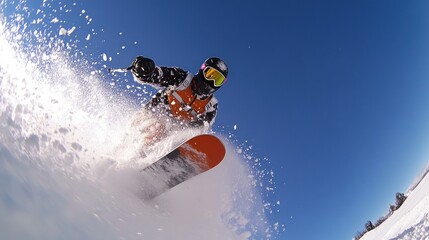 Naklejka premium A snowboarder carving through fresh snow against a clear blue sky.