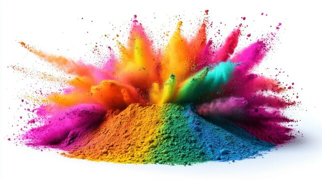 A dynamic Holi paint powder explosion in rainbow colors, spreading vividly on a white background. Wide panoramic view captures the festive and vibrant celebration.