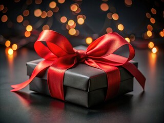 Long Exposure Photography: Red Ribbon Black Gift Box, Dark Background, Festive, Elegant, Holiday, Mystery, Night, Lights, Abstract, Blurred, Motion, Silk Ribbon, Bow, Present.