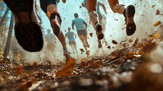 Focused image of multiple runners feet in forest trail, creating dynamic scene - Powered by Adobe