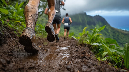 Close up of muddy trail shoes on scenic running path in nature