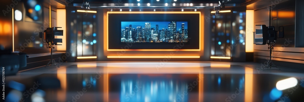 Aufkleber A television studio features an interview recording setup, showcasing modern media technologies and a blurred urban backdrop. Generative AI